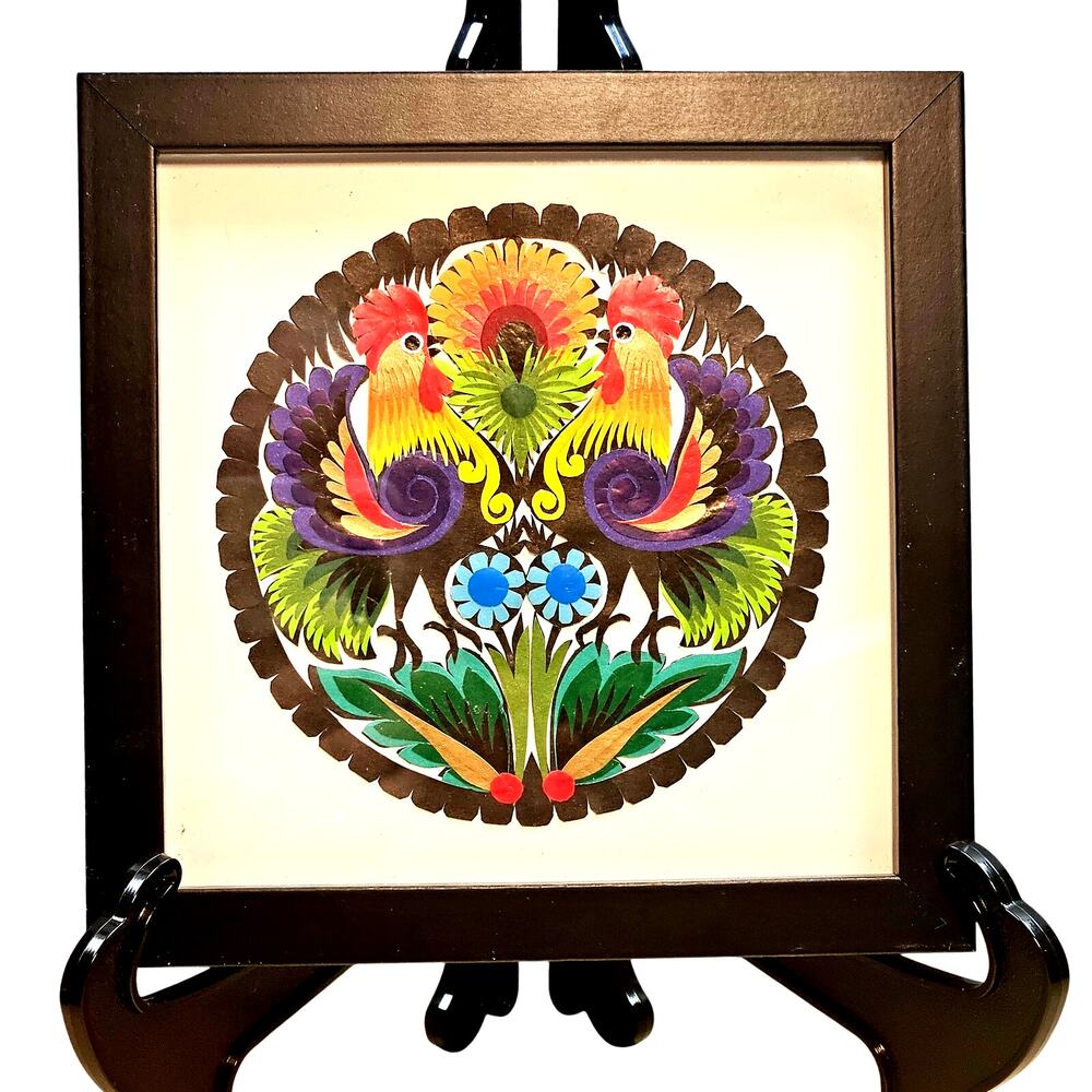VTG Handmade Wycinanki Polish Decorative Paper Cut-out Art Black Frame Folk Art
